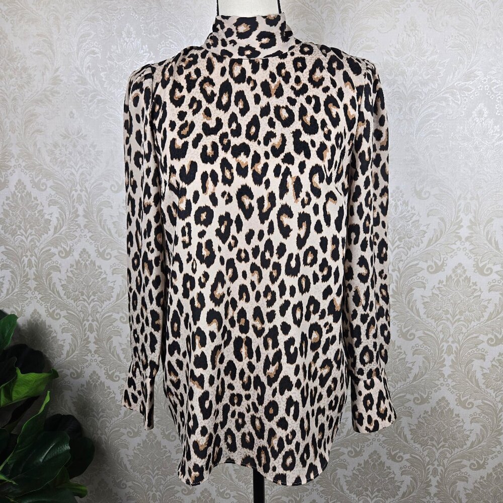 Ann Taylor Leopard Print Long Sleeve Mock Neck Blouse - Black, Beige, Brown
